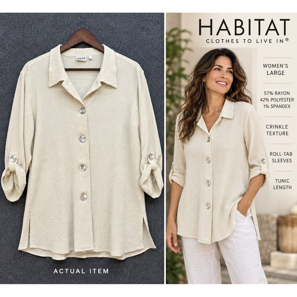 Habitat Tunic Women Roll-Tab Sleeve Crinkle Texture Cream Large Excellent Top